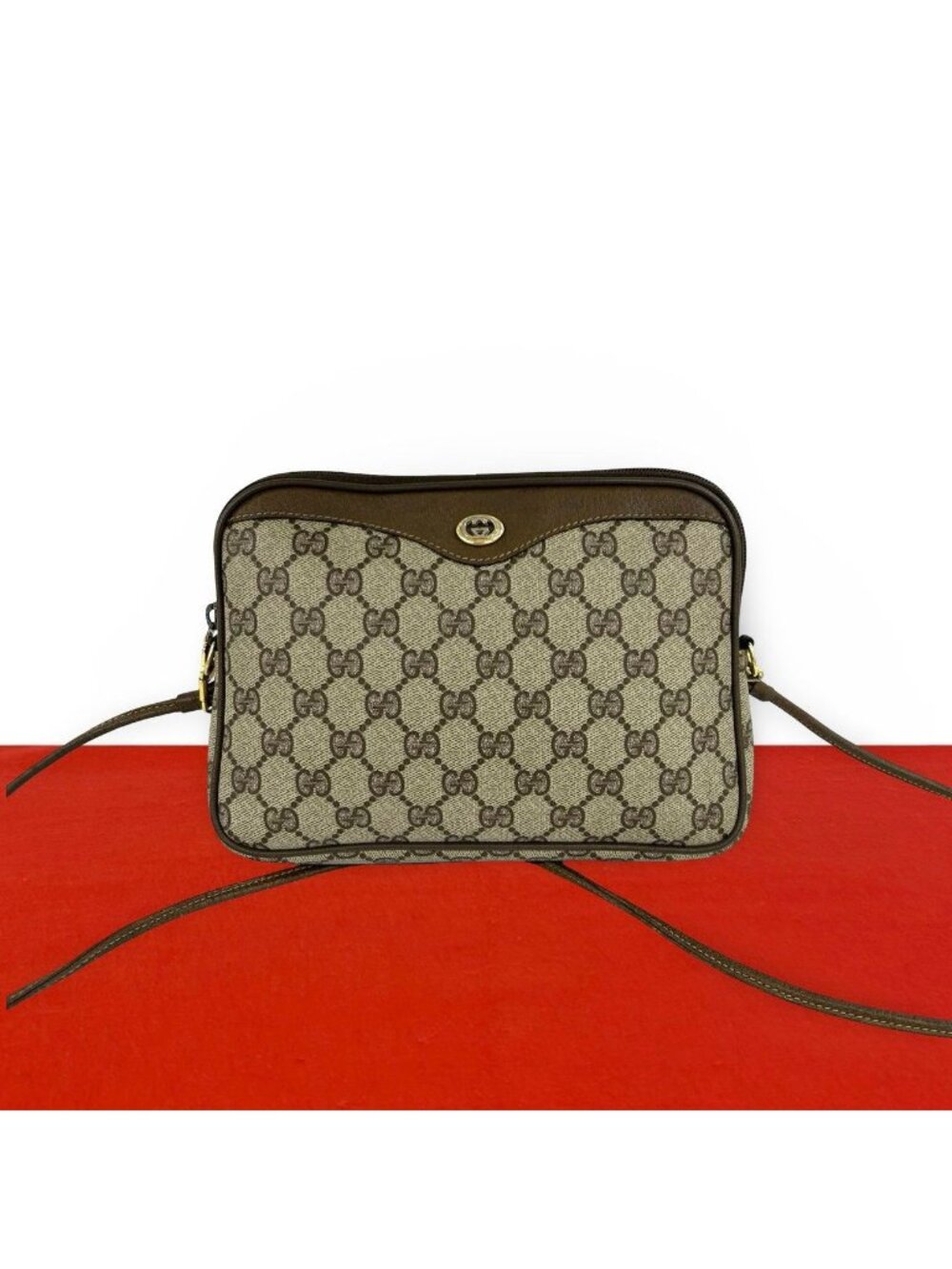 Gucci Vintage GG Pattern Logo Leather Shoulder Bag Pochette Crossbody Brown